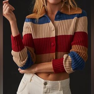 En Saison Anthropologie Elania Cardigan Stripped Sweater Sz M Cotton Boho Preppy